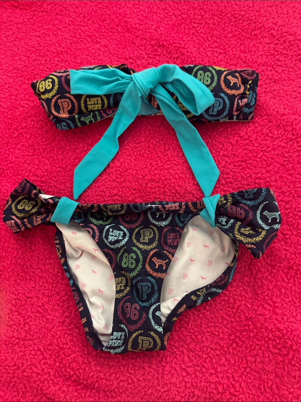 Victoria's Secret Black Multicolor Patterned Bandeau Bikini with Teal Tie - Picture 5 of 8